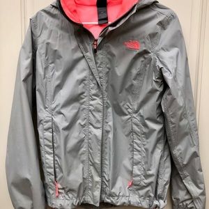 Gray, w/ pink on the inside North Face rain jacket